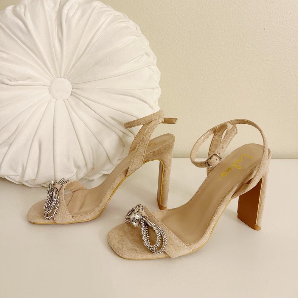 LULUS Lonally Light Nude Suede Rhinestone High Heel Sandals NWOB - Picture 5 of 10